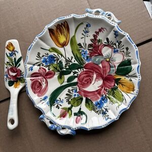 Vintage Hand Painted‎ Floral Majolica Cake Platter Plate With Spatula Made Italy